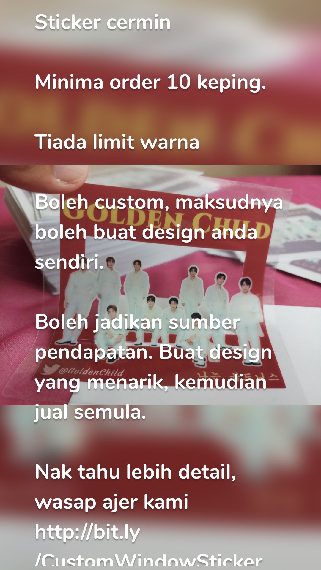 Sticker cermin

Minima order 10 keping. 

Tiada limit warna

Boleh custom, maksudnya boleh buat design anda sendiri. 

Boleh jadikan sumber pendapatan. Buat design yang menarik, kemudian jual semula.

Nak tahu lebih detail, wasap ajer kami http://bit.ly/CustomWindowSticker

#windowsticker #stickerkereta #stickercermin
